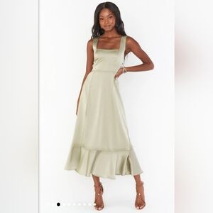 Show Me Your Mumu Claire Satin Midi Dress in Moss Green X-small